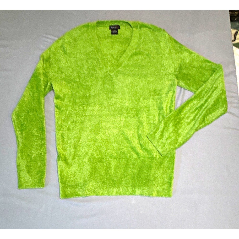 Evie Lime Green Eyelash Knit V-Neck Sweater Long Sleeve Pullover Large